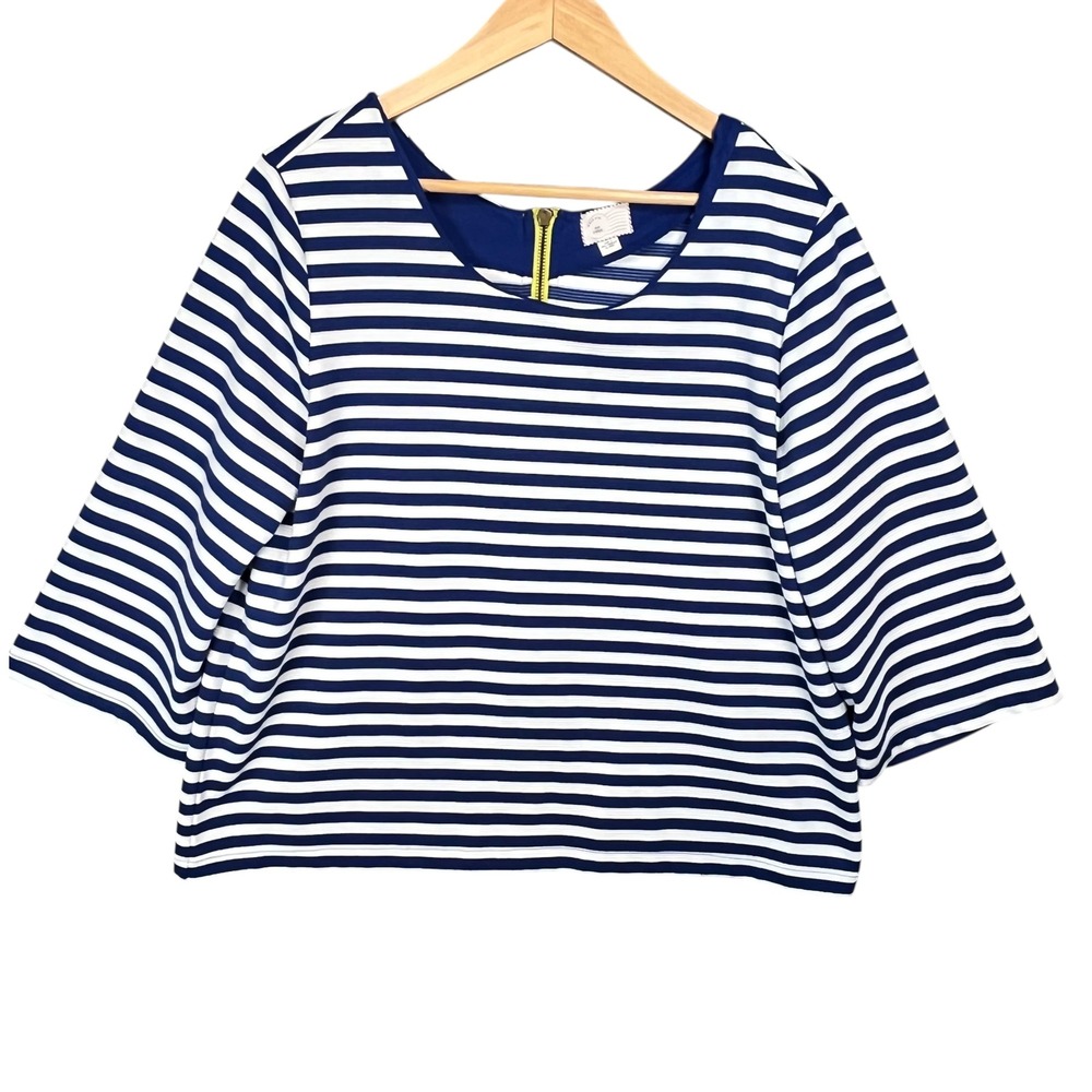 Anthropologie Postmark Women's Blue White Striped Top Yellow Back Zip‎ Large